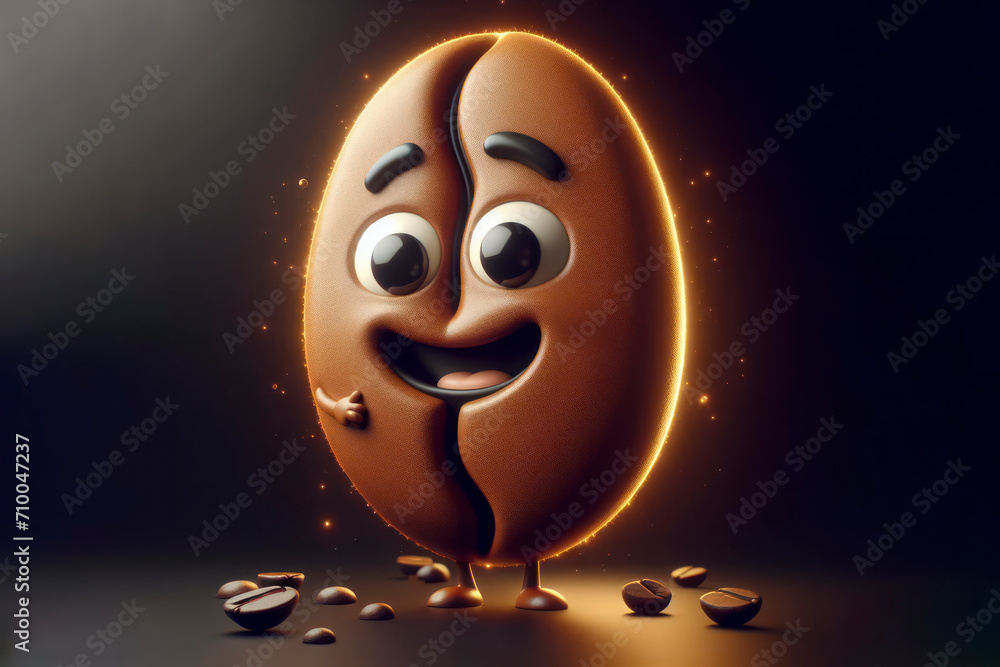 Poster 3d coffee bean character with a smiling face on a black background. ai generative