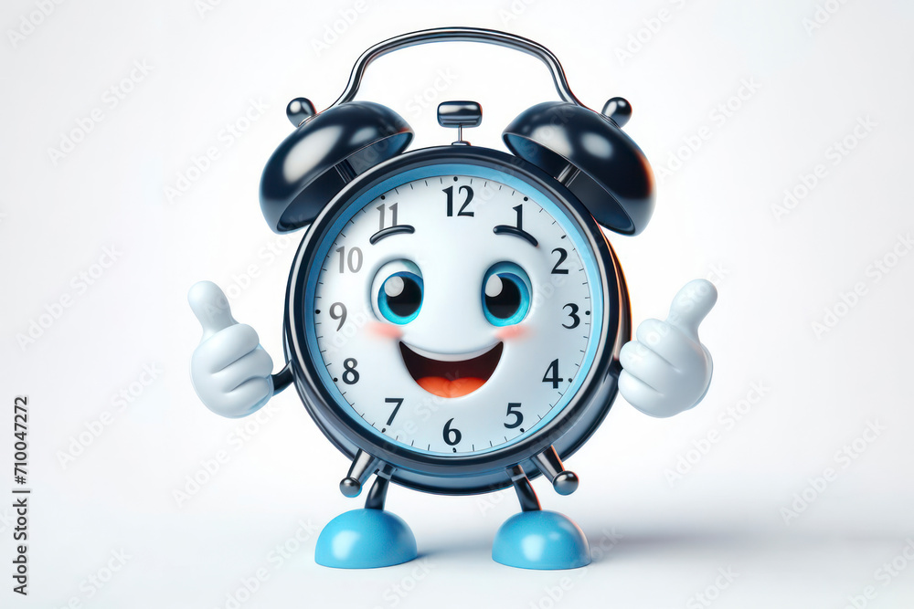 Poster 3d alarm clock character with a smiling face on a white background. ai generative