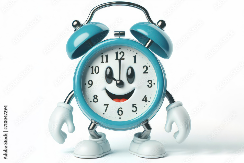 Aufkleber 3d alarm clock character with a smiling face on a white background. ai generative