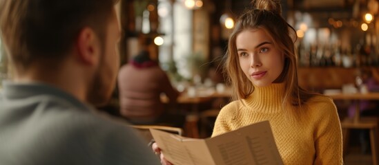Young woman showing boyfriend menu and indicating her order. - obrazy, fototapety, plakaty