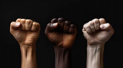 Multiracial people fist up, Fist view, Black background. Generative AI.