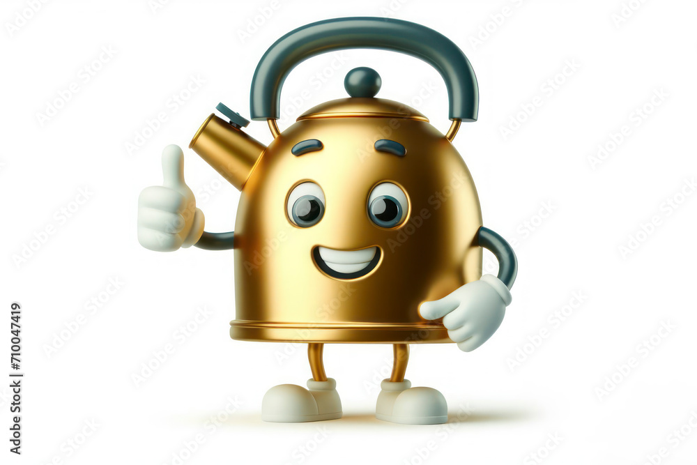 Poster 3d kettle character with a smiling face on a white background. ai generative
