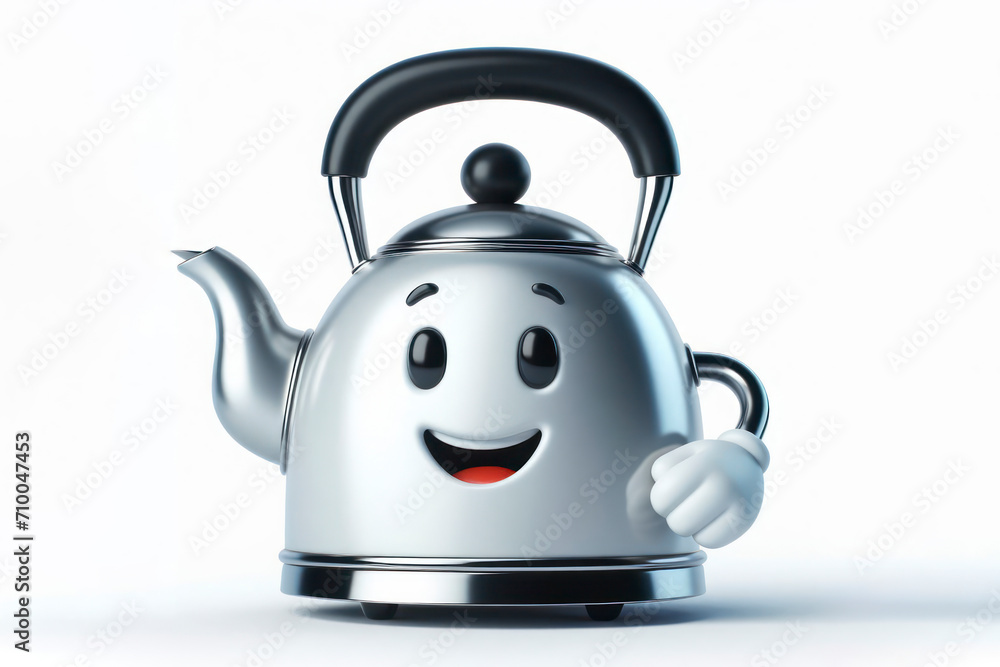 Poster 3d kettle character with a smiling face on a white background. ai generative
