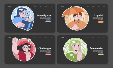 Digital enneagram guide. Investigator, Loyalist, Challenger, and Peacemaker icons for interactive personality exploration. Web interface design. Flat vector illustration