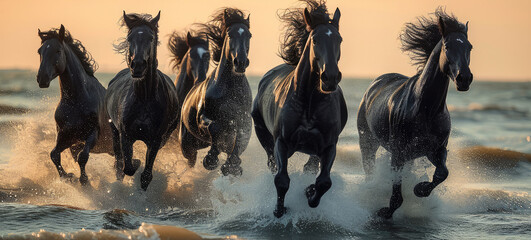 A group of black horses running through the sea and sand. Generative AI.