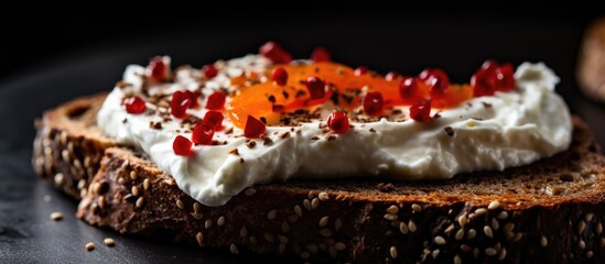 Fototapeta premium Close-up shot of rye toast with creamy cheese spread and red pepper.