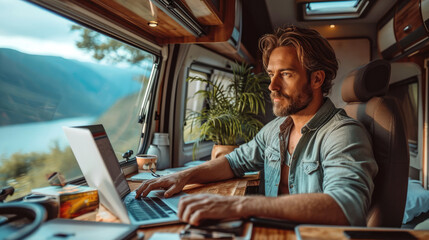 Man sitting inside a motorhome with laptop. Generative AI.