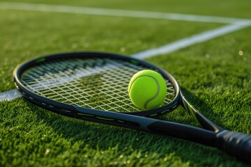 Tennis racket and ball on Wimbledon grass court