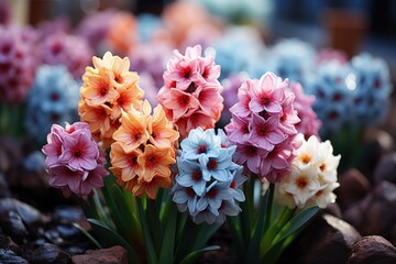 Beautiful colorful hyacinth flowers. Spring hyacinths blossoms.  Nature background with spring flowers. Happy Easter Card