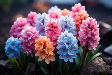 Beautiful colorful hyacinth flowers.  Multicolored blooms. Nature background with spring flowers. Happy Easter Card