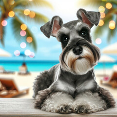 Cute Schnauzer dog with surprised expression resting on vacation on a beach with palm trees. ai generative