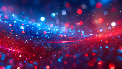 blue and red shiny particles background with bokeh effect
