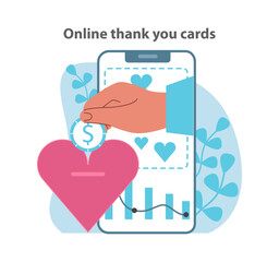 Expressing gratitude digitally set. A heartfelt thanks through online transactions and messages. Flat vector illustration.