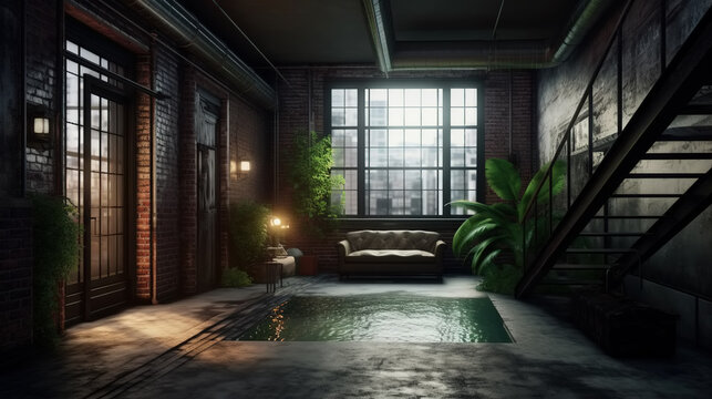 Interior of a spacious loft with brick walls, large window, staircase, and a swimming pool inside the room. Unusual luxury apartment. Strange and beautiful contemporary architecture.