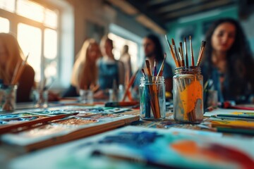 Art Therapy Session - A group of people participating in an art therapy session with various art supplies - AI Generated - obrazy, fototapety, plakaty