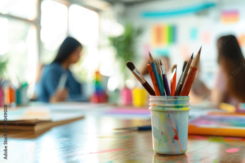 Wall mural Art Therapy Session - A group of people participating in an art therapy session with various art supplies - AI Generated