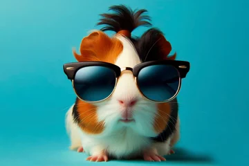 Fotobehang Cute stylish funny Guinea Pig wear sunglasses on solid blue bright background. ai generative © Igor