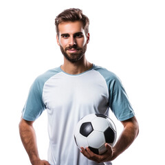 Handsome soccer player with ball in hand isolated