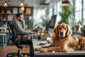 Pet friendly Workplace - An office environment where employees work at desks with their pets beside them - AI Generated