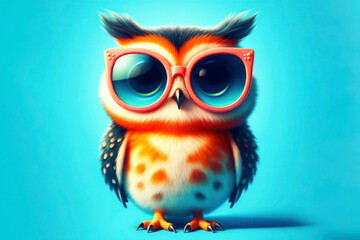 Fototapeta premium Cute stylish funny owl wear sunglasses on solid blue bright background. ai generative