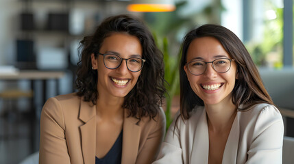 Fototapeta premium Portrait of two happy businesswomen partner different nationalities in modern office. Womens leadership, inclusion. Close-up