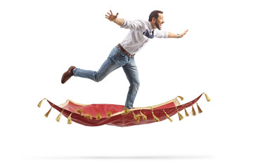 Young professional man standing on a magic carpet