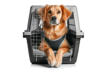 Dog in carrier cage isolated on solid white background. ai generative