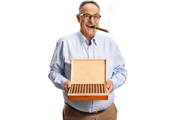Mature man with a box of cuban cigars