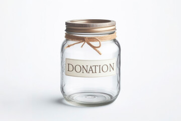 Empty glass mason jar with DONATION text on a white background. ai generative