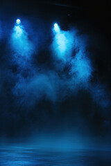 Empty stage or scene with spotlights and blue smoke effect as wallpaper background illustration