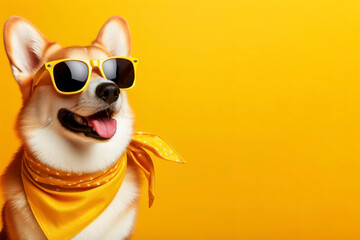 Summer corgi dog wearing yellow sunglasses and neckerchief on solid bright yellow background. ai generative