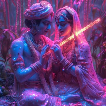 couple of Indian lovers, Radha and Krishna, surrounded by fluorescent neon and bright colors