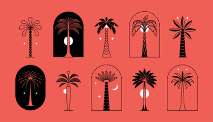 Palm tree thin line icon abstract design summer logo template modern minimal linear emblem for vacations rentals and travel services. Vector illustration