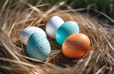 Naklejka na ściany i meble multi-colored Easter eggs with dark dots on dry grass