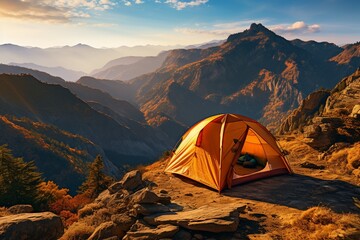 Camping tent high on the Mountain Ridge - obrazy, fototapety, plakaty