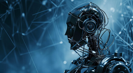 Fototapeta premium Head of humanoid metal robot on background of abstract network of lines and place for text. Concept of technical progress and artificial technology.