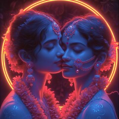 pair of blue-skinned Indian female goddesses, shrouded in neon