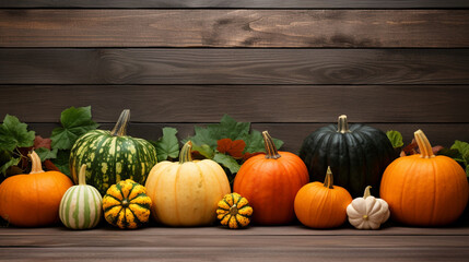 autumn scene with pumpkins on a wooden table. Autumn background with copy space.