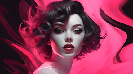 A Surreal Portrait of a Beautiful Woman Amidst Swirling Pink Hues, A Woman Engulfed in a Swirl of Pink Mystique. Generative AI