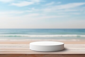 Fototapeta na wymiar Amidst the serene beauty of a sandy beach, a blue ocean, and a light blue sky, a weathered wooden table provides a base for a white circular pedestal. Created with generative AI tools