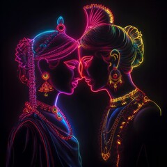 couple of Indian lovers, Radha and Krishna, surrounded by fluorescent neon and bright colors