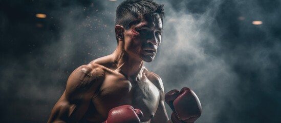 Punching in smoke, an athletic kickboxer or muay thai competitor.