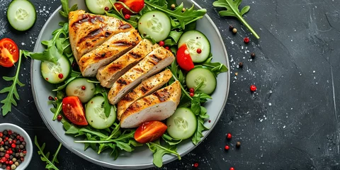 Fotobehang Balanced healthy lunch , chicken , fish , cereals , avocado ,grilled, a combination of vegetables  background , wallpaper © Людмила
