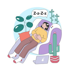 Home office relaxation concept. Young woman takes a snooze on comfy couch, surrounded by vibrant indoor plants, laptop aside, hinting a break from remote work. Restful nooks at home. Flat vector