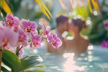 A couple man and woman enjoying a romantic spa day in a tropical spa with many orchids