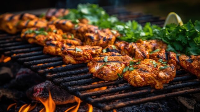 Chicken tikka kabab being grilled over charcoal. Generative AI