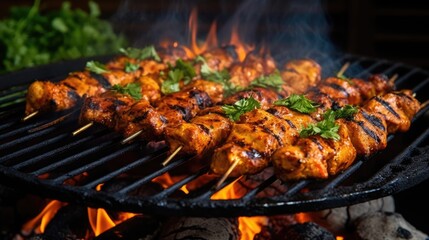Chicken tikka roasting on an open hearth with glowing coals and smoke coming out. Closeup photo of...