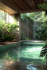 Small  pool surrounded by  green palms