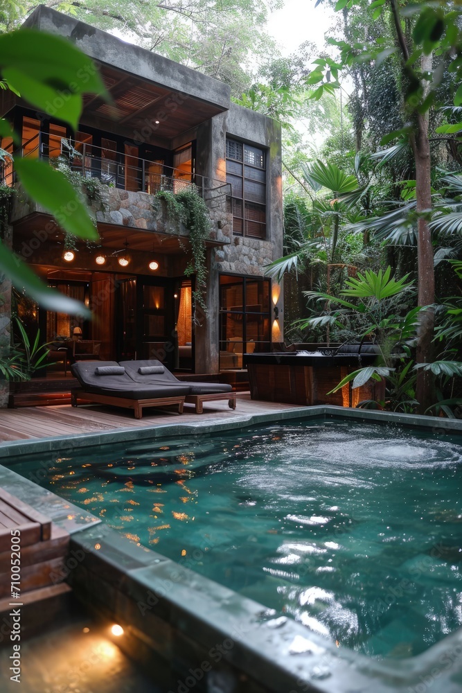 Poster A tropical villa with pool surrounded by  green forest