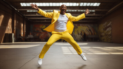 Expressive African American man in fancy yellow suit dancing in a dance hall. Happy, fashionable dark-skinned male dancer in motion, spreading his arms in joy, doing a show.
